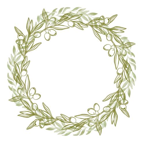 Raster image round frame with olive branches and fruits on white