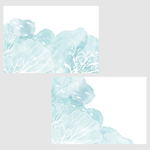 Illustration two postcards on a marine theme with seaweeds corals and fish on blue watercolor fragments