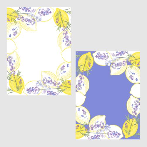 Lemon. Vector two postcards lemons and lavender on white and purple