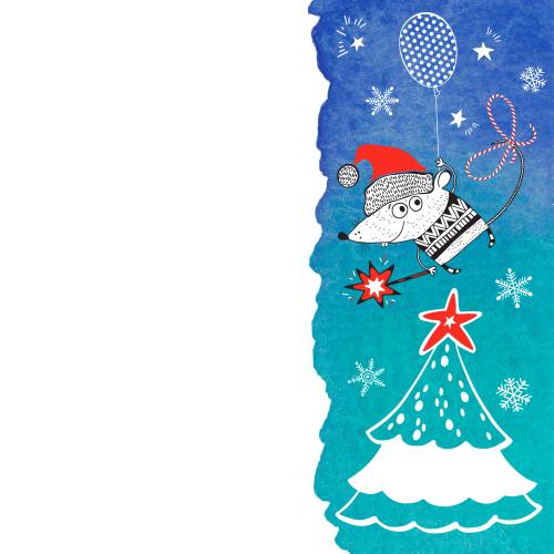 Balloon. Vector cartoon mouse in christmas hat with balloon, tree, snowflakes on blue watercolor fragment, space for text on white