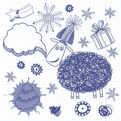 Sheep. Vector cartoon sheep, symbols of the new year on a grid notebook page