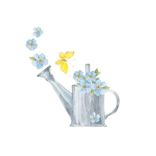 Raster image spring composition with a butterfly and watercolor bouquet of forget-me-nots in a watering can on white