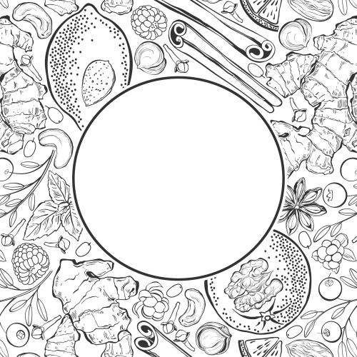 Mint. Vector lemon orange ginger cinnamon cranberry cloud berry raspberry almond walnut hazelnut cashew round area for text on white