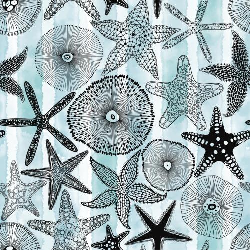Illustration sea stars and underwater creatures on blue watercolor striped