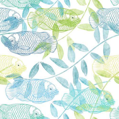 Raster image marine fish and watercolor algae on white