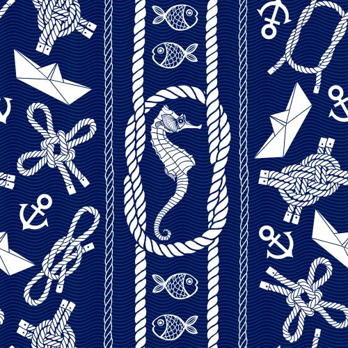 Striped. Vector sea knots and ropes fish paper boats anchors sea horse waves on blue