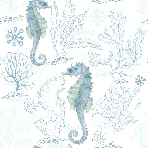 Raster image watercolor seahorses contours of seaweeds and corals on white