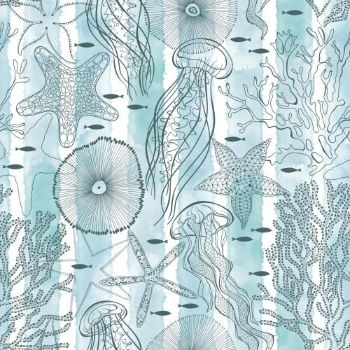 Jellyfish. Vector jellies fish sea stars underwater creatures corals on striped blue watercolor