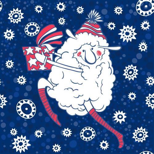 Star. Vector cute cartoon sheep with a gift stars snowflakes on blue