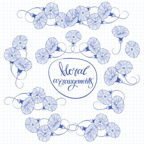 Notebook. Vector decorative compositions with morning glory flowers, blue outlines on grid-patterned notebook paper