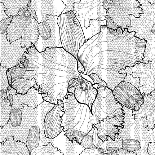 Mosaic. Vector black contours of orchids on a monochrome mosaic