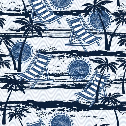 Deckchair. Vector palm trees waves chaise lounges and sun on white