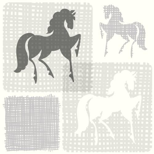 Square. Vector silhouettes of horses on checkered squares