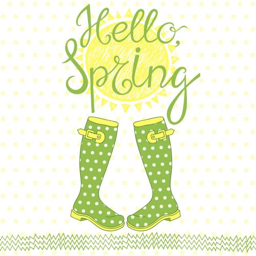 Grass. Vector spring composition with rubber boots, sun and the word spring on white with flowers
