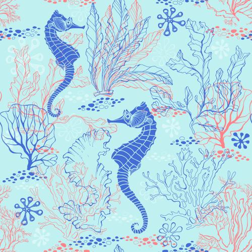 Seaweed. Vector seahorses and algae on blue