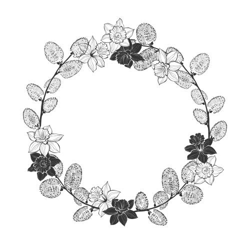 Paskhalia. Vector round frame of willow branches and daffodils on white