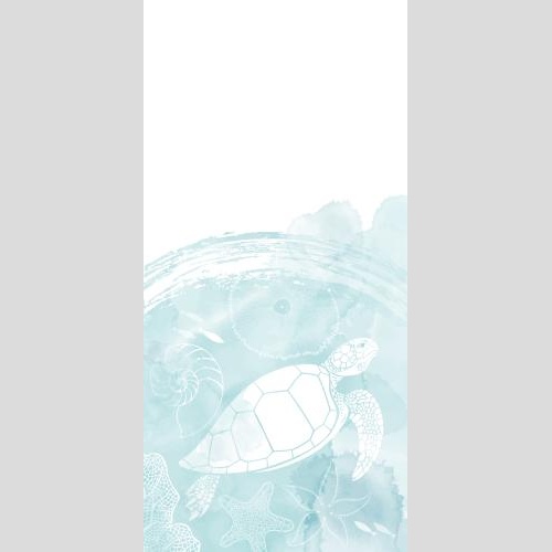 Nautilus. Vector postcard with marine theme, turtle, nautilus, fish, sea stars, coral, blue watercolor fragment and text space on white