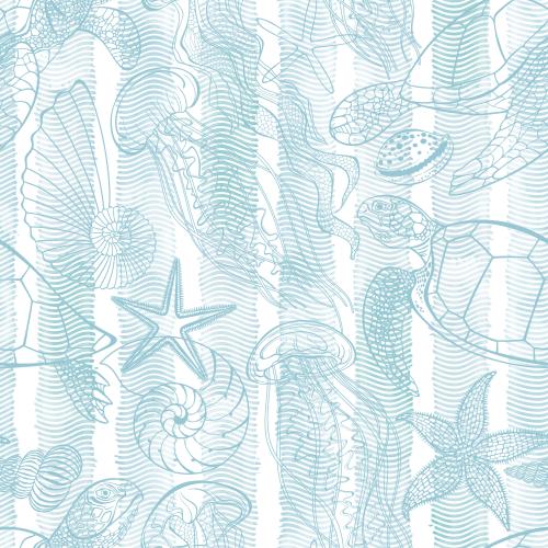 Vector image turtles, jellyfish, sea stars and shells on watercolor waves