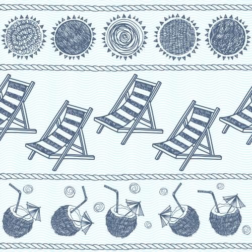 Sun. Vector sun, chaise lounges, coconut cocktails, marine ropes on blue waves