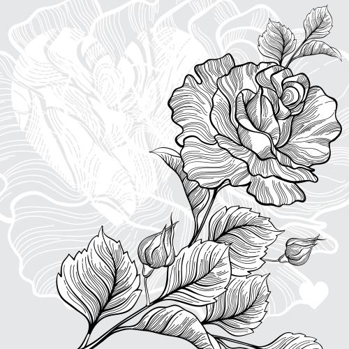 Rose. Vector composition with a rose and a heart on gray