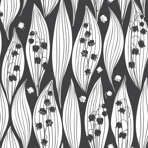 Lily-of-the-valley. Vector leaves and lily flowers on black, monochrome silhouettes