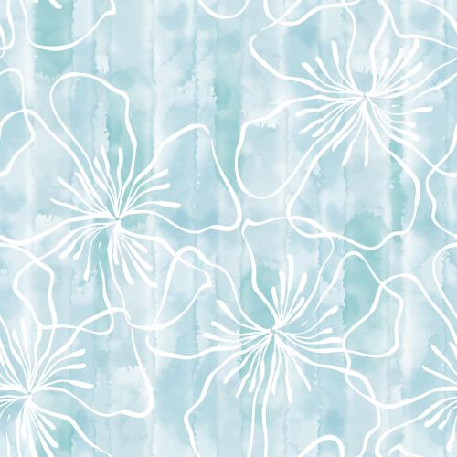 Illustration decorative flowers white outlines on blue watercolor