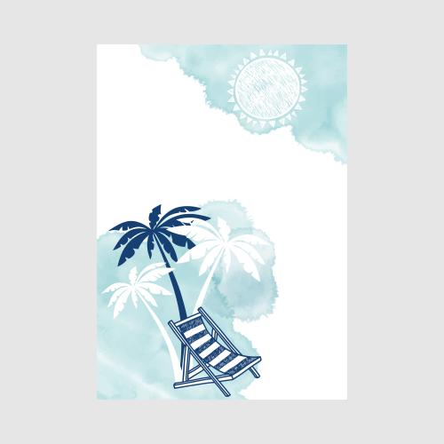 Deckchair. Vector postcard about vacation by the sea palms lounge chair sun on blue watercolor fragments space for text on white
