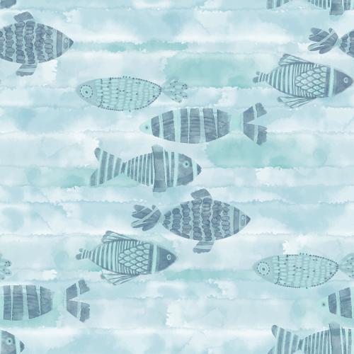 Raster image cartoon watercolor fish on blue watercolor