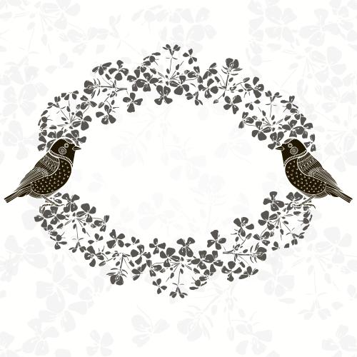 Oval. Vector oval frame of gray flower silhouettes with two birds on a white floral