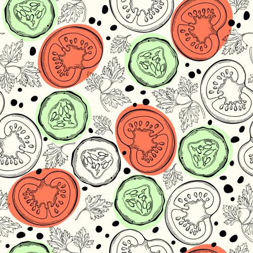 Spice. Vector tomatoes, cucumber and parsley leaves on light