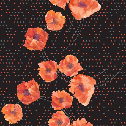 Raster image watercolor poppies on black in multicolored dots