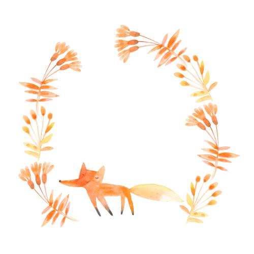 Raster image fox and flowers, watercolor on white