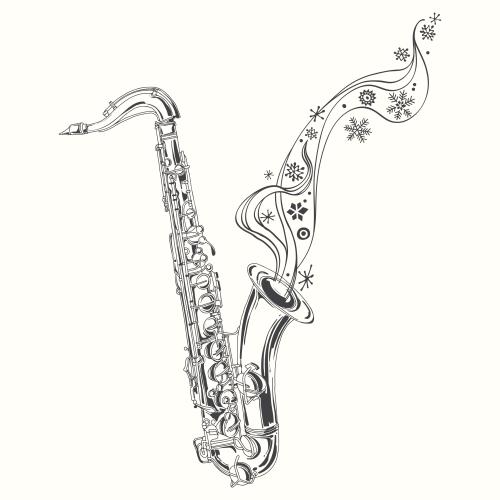 Saxophone. Vector saxophone and snowflakes, winter composition on white