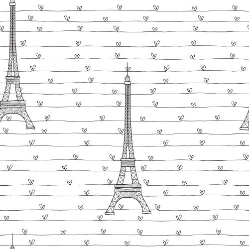 Vector image eiffel tower, lines with hearts on white