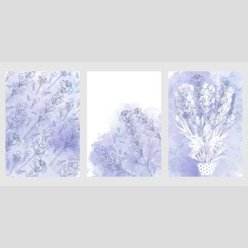 Lavender. Vector three postcards with lavender and lilac watercolor fragments