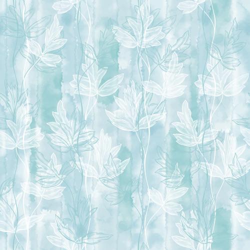 Vector image vertical wavy lines with abstract leaves contours and silhouettes on blue watercolor