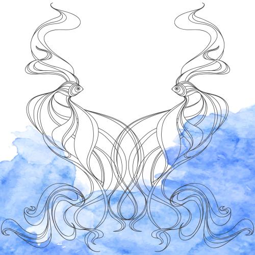 Vector image nautical theme composition with decorative fish, waves, blue watercolor fragment on white