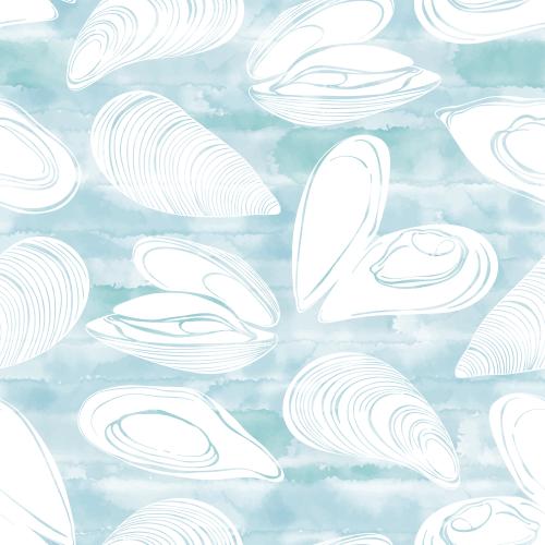 Mussel. Vector middy, white silhouettes on blue watercolor