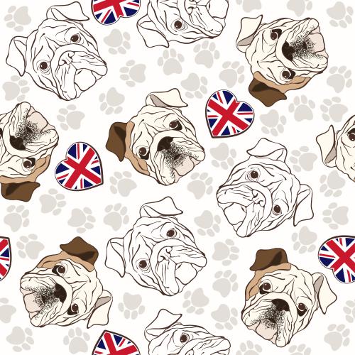 Symbol. Vector heads of an english bulldog, paw prints and a british flag in the shape of a heart