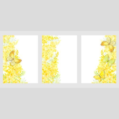 Raster image three postcards with watercolor mimosas and butterflies