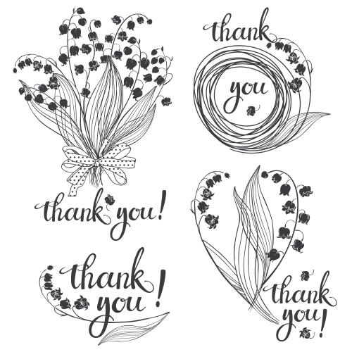 Lily-of-the-valley. Vector four compositions with lilies and a thank you inscription on white
