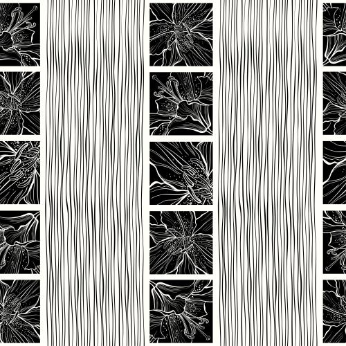 Lily. Vector lily fragments in black squares, vertical black lines on white
