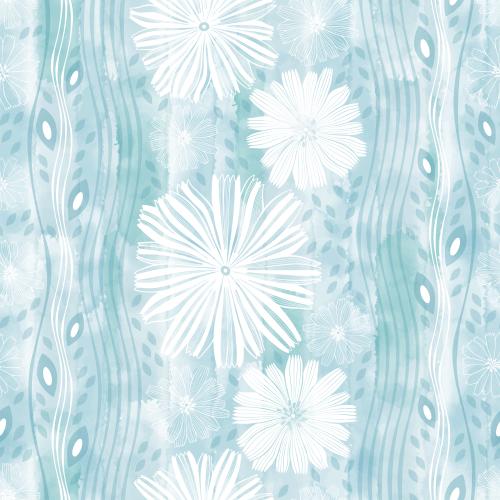 Illustration decorative flowers leaf silhouettes vertical wavy lines on blue watercolor