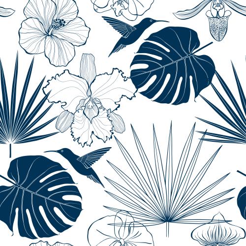 Hibiscus. Vector hummingbird orchids hibiscus and palm leaves blue silhouettes on white