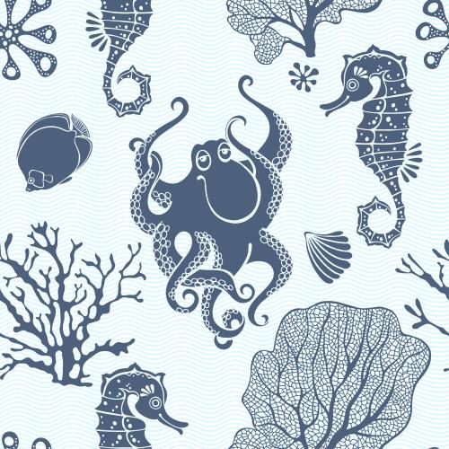 Shell. Vector octopus seahorses fish shells corals seaweed on blue waves