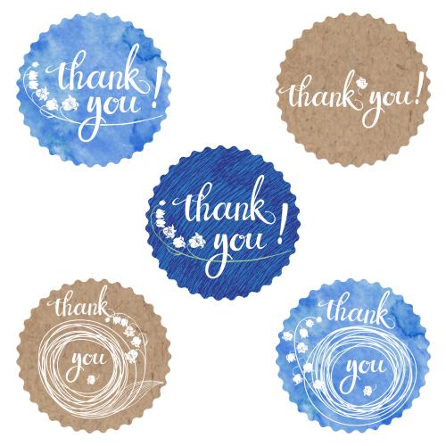 Floral. Vector five round thank-you cards with lilies and a thank you inscription on watercolor craft and blue textured