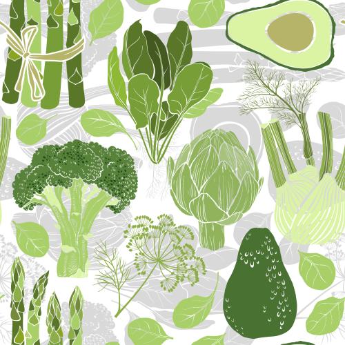 Broccoli. Vector avocado artichoke spinach broccoli fennel asparagus colored and gray silhouettes on white
