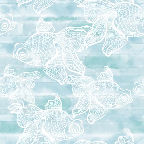 Illustration golden fishes, white contours on blue watercolor