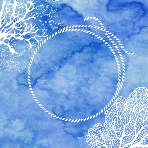 Rope. Vector round frame made of marine rope, algae and corals on a blue watercolor