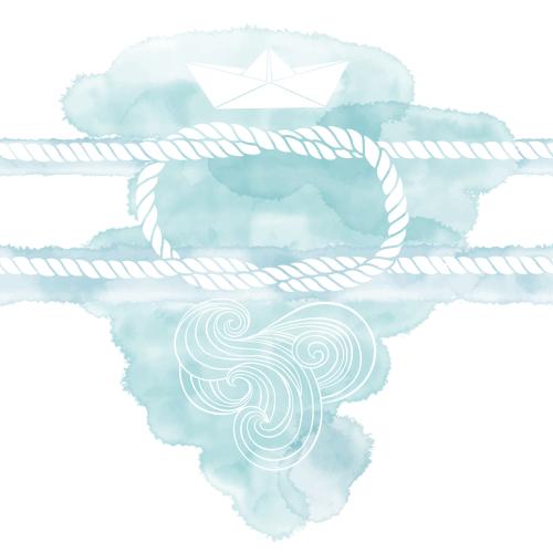 Vector image nautical theme composition with nautical knot paper ship decorative waves on blue watercolor fragment